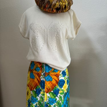 Vintage 70s Novelty  Fitted Knit Sweater with Embroidered  Butterfly; 80s Crewneck Grandma Butterfly Short Sleeve Knit Boxy Blouse L 