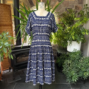 Vintage 1950s Blue and White Cotton Swedish Folk Print Dress Side Metal Zipper 