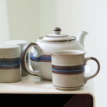Vintage Otagiri Horizon Teapot Mug Shaker Set MCM Japanese Stoneware Tea Pot Coffee Set Mid Century Modern Blue Striped Ceramic Kitchenware 