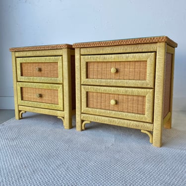 Henry Link Wicker Nightstands FREE SHIPPING - Set of 2 Vintage Rattan Coastal Furniture Pair 