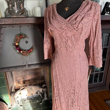 Vintage 1950s Pink Floral Lace Cocktail Dress by Luella  - L XL Volup 