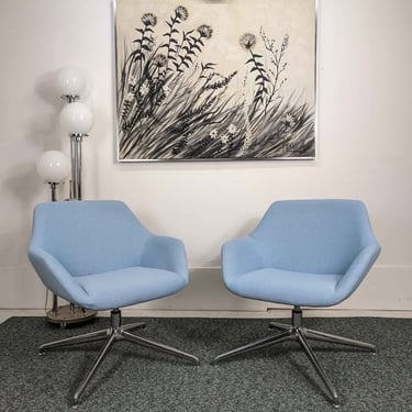 MCM Style Baby Blue & Chrome Swivel Lounge Chairs