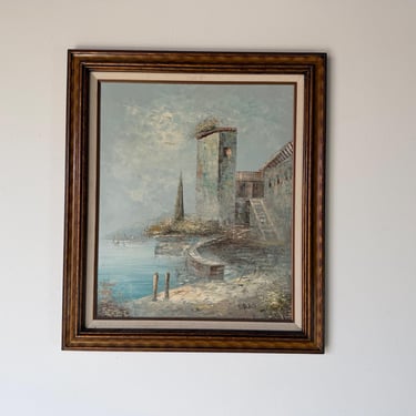 Vintage Caroline Burnett Impressionist European Coastal Landscape Oil on Canvas Painting, Framed 