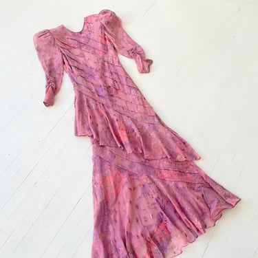 1980s Metallic Floral Silk Chiffon Gown – Purple Leg-of-Mutton Sleeve Bias-Cut Maxi Dress, S/M Vintage 