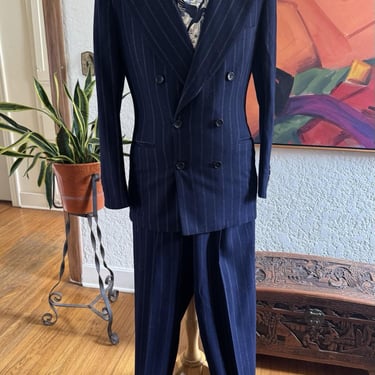 Killer Vintage 1940s  Pinstriped Double Breasted Suit in a Deep Blue color --Gangster 