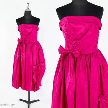 1980s Fuchsia Pink Strapless Party Dress | 80s Bright Pink Strapless Evening Dress | Contempo Casuals | Medium 