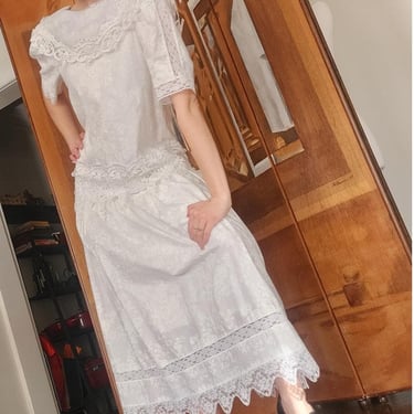 Vintage 1980s Scott McClintock White Lace Dress Drop Waist Puffed Sleeves NWT 