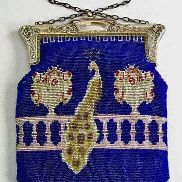 Antique Art Nouveau Peacock Scene Silver Frame Royal Blue Beaded Bag 