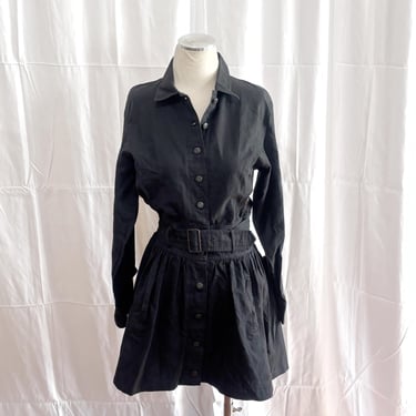 Vintage 1990s • 80s Revival • Gitano Shirtwaist Dress •  Black Twill  • Mini Dress • Belted Full Skirt 