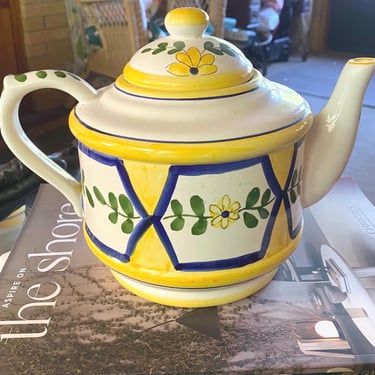 Portugal Casa Fina Pottery Teapot~ Yellow, Blue, White Hand Painted ~ French Country Dining ~Vintage Tea Table Decor 