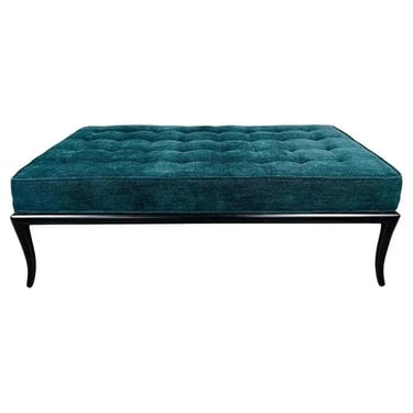 T.H. Robsjohn-Gibbings Teal Blue Velvet Sabre Leg Bench By John Widdicomb 