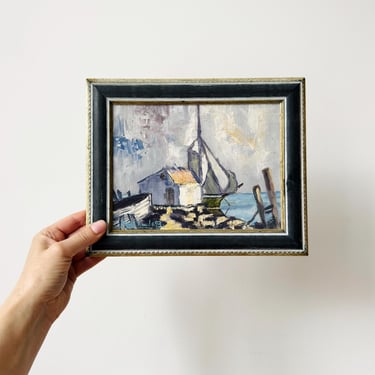 Framed Vintage Oil Painting, Coastal Harbour Scene 