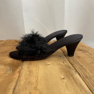 Vintage 1960s Feather Slippers Black Kitten Heel Mules Boudoir Pinup Style 6 
