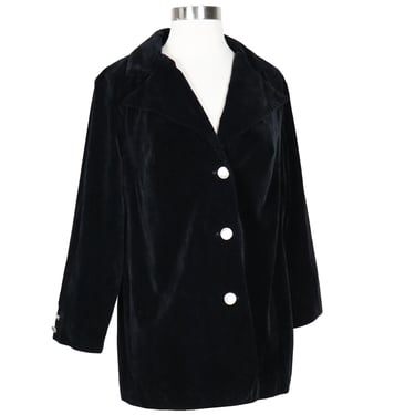 Vintage Black Velvet Jacket Silver Buttons Womens Coat M Medium Blazer Coat 90s Notched Collar Bracelet Length Sleeves Classic Solid Inky 