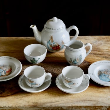 Vintage Peter Rabbit Tea Set, Cute Bunny Tea Set, Beatrix Potter Bunny Tea Party Dishes, Teapot, Sugar, Creamer, Cups, Saucers and Plates 