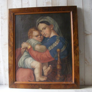 Antique Madonna of the Chair Oil on Canvas Painting,after Raphael,19th Century./Madonna and Child Jesus Painting. 