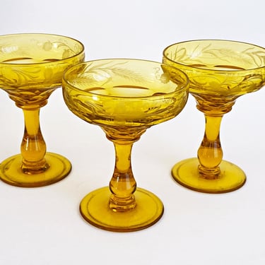 Vintage Uranium Glass Cocktail Glasses, Amber Vaseline Stemware by John Walsh, 1930s Collectible Barware 