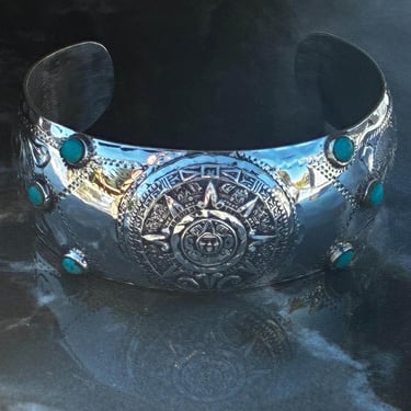 Vintage Mexico Sterling Tribal Aztec Cuff with Sun Stone Center 