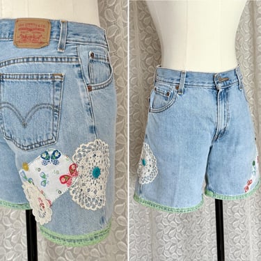 Patchwork Upcycled Denim Shorts, Levis High Waist Jeans, Butterflies, Lace 