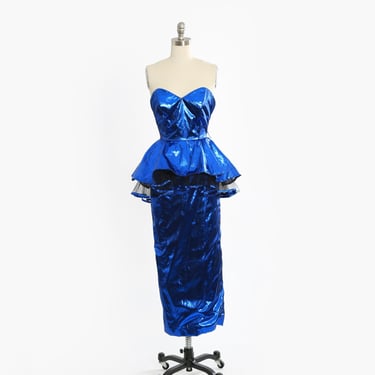 80s mermaid dress | Vintage 1980s metallic blue lame peplum party dress 