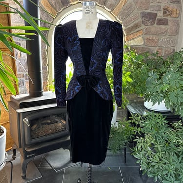 Vintage 1980s Black Velvet Glitter Blue Faux Jacket Formal Dress Scott McClintock 