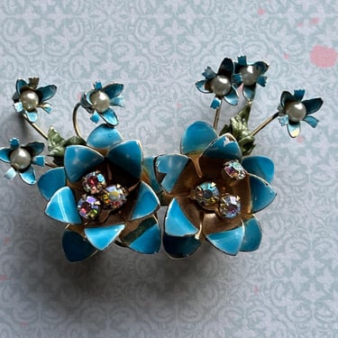 aqua jewel flower earrings vintage AB enamel floral clip-ons 