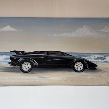 1980s Schamerhorn Black Lamborghini Countach on Sandy Beach Oil on Canvas Painting – Signed, Unframed 