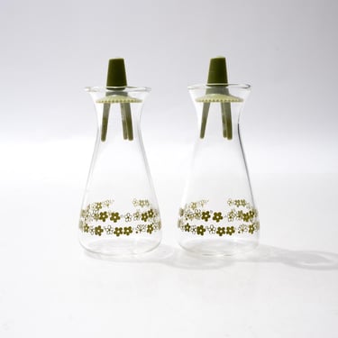 Vintage Pyrex Salt and Pepper Shaker Set, Spring Blossom, Crazy Daisy, Clear with Green Flowers, 1970s, 1980s 