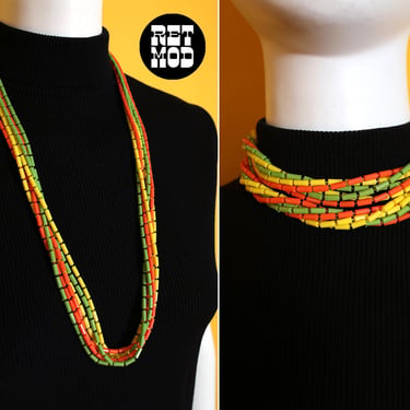 Mod Vintage 60s 70s Orange, Yellow, Green Multi-Strand Necklace - Wear Long or Doubled 