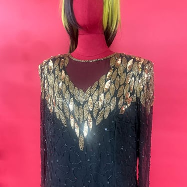 Vintage Stenay Black & Gold Beaded Cocktail Dress – Art Deco Leaf Sequin Statement – 1980s Evening Glam 