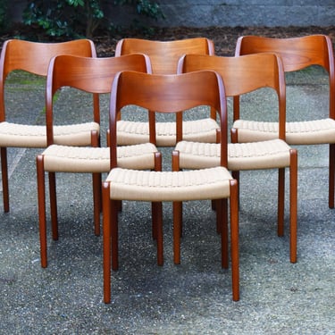Six restored Danish teak Moller 71 dining chairs w/new papercord seats, circa 1960s 