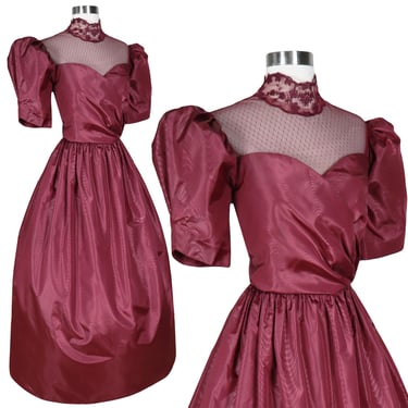 Vintage 80s Maroon Moire Long Maxi Prom Gown Party Dress M Medium High Neck Lace Evening Formal Bridesmaid Costume Eighties 1980s Red Brown 