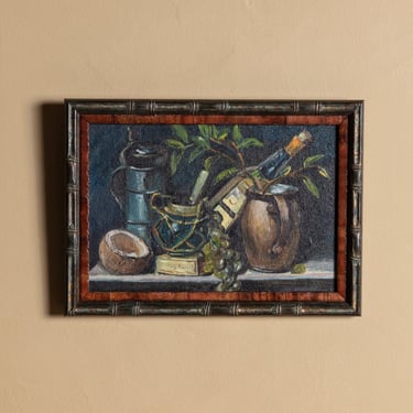Painterly Wine, Grapes & Coconut Still Life Oil Painting, Mid-Century