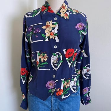 Vintage Floral Silk Blouse, 90's Vintage, Small 