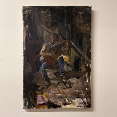 1950s Folk Singer Painting in Denim Workwear - Mid Century Modern Oil on Canvas - Signed Williams - 1958 - Greenwich Village New York 