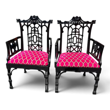 Vintage Spanish Chinoiserie Fretwork Pagoda Chairs, Black Lacquer, Pink Velvet Seats 