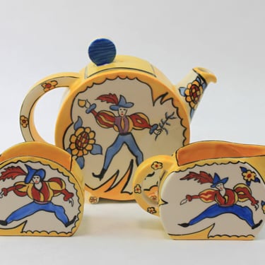 1934 Clarice Cliff Eva Crofts Krafton Teapot Cream & Sugar Set SUPER RARE 