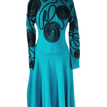 Vintage 1980s Blue Dress Embroidered w/Black Spiral Coils Avant Garde Art Clothes 