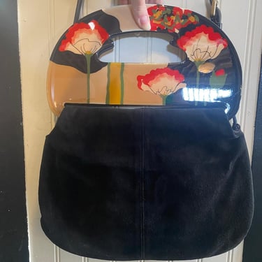 vintage 1980s patricia smith purse poppies black suede floral moon bag 80 clutch 