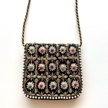 Vintage 70s Boho Black Velvet Bag Gold Metallic Embroidery Clutch 
