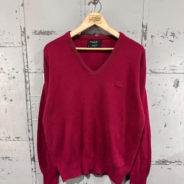 Vintage 80s Christian Dior Brand All Cotton Designer Preppy Maroon Embroidered V-Neck Pullover Sweatshirt Medium 