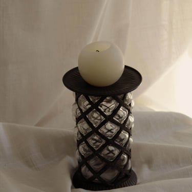 Vintage Hand Blown Bubble Glass Candleholder Iron Cage | Diamond Lattice Pillar Candle Holder | Maximalist Home Decor |Gothic Romantic Decor 