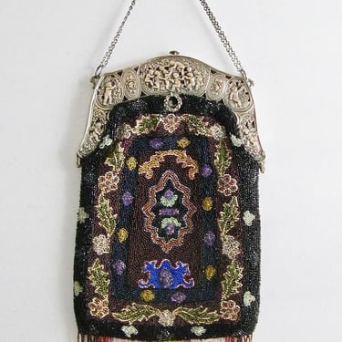 Antique Edwardian Beaded Purse Cherubs Putti Pierced Silver Frame 