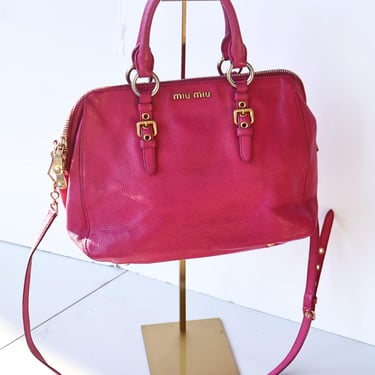 Vintage Miu Miu Red Madras Hot Pink Goatskin Leather Bag with Gold + Silver Hardware 2 Way Adjustable Shoulder Crossbody Top Handle 