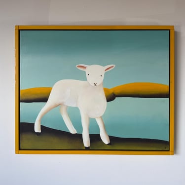 Jaim Tamower “Portia in New Hampshire” Original Folk Art Lamb Oil Painting on Plywood Panel, Framed 
