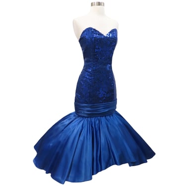 Vintage 80s Blue Sequin Strapless Mermaid Full Skirt Prom Party Dress S Small Pinup Bombshell Womens Costume 1980s Eighties Big Bow Queen 