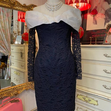 vintage 1980s Tadashi black lace cocktail dress off the shoulders organza s/m 