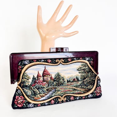 1950s Tapestry Clutch Handbag | Vintage Scenic Tapestry Purse 