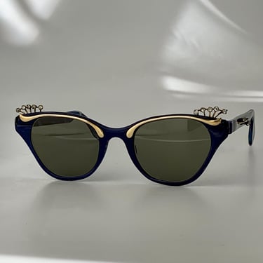 1950'S Cat Eye Sunglasses - by TURA - Deep Blue Enamel on Aluminum - Rhinestone Studded Details - New UV Glass Lenses - Smaller Frames 