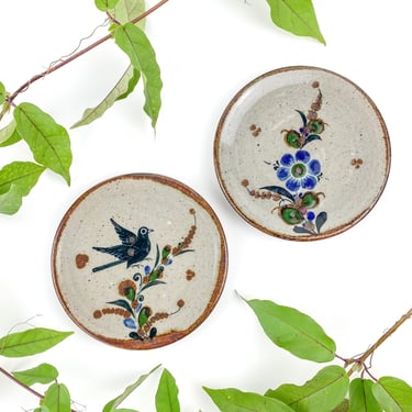 Vintage Handmade Tonala Pottery Plates | Set of 2 | Jorge Wilmot |  Bird & Floral Motif | Mexican Pottery 